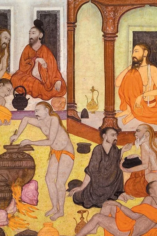 A miniature painting of how to make Soma Rasa, the drink of Hindu Gods. Image: Kalampedia 